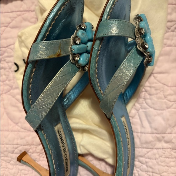Manolo Blahnik Blue Satin Heels with Gem Detail - Picture 5 of 7
